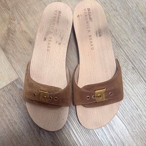 Veronica Beard Brown Leather Mules with Gold Buckle